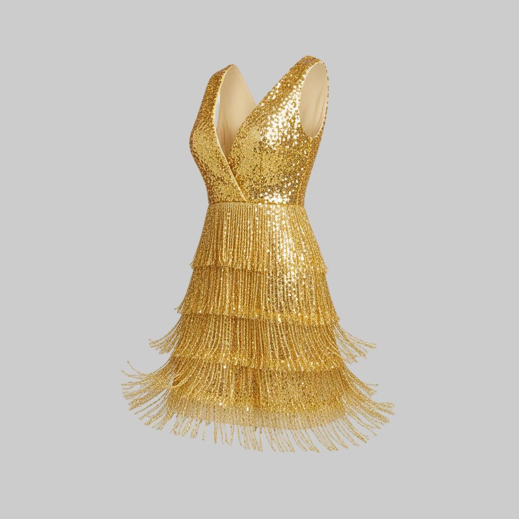 V-Neck Cocktail Dress Sequined Fringe