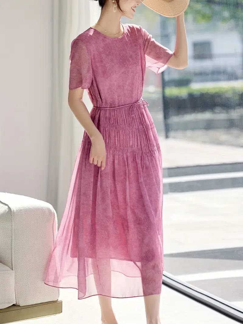 Short-Sleeve Flowy Chiffon Casual Dress