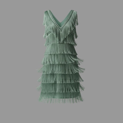 Retro V-Neck Tassel Cocktail Dress
