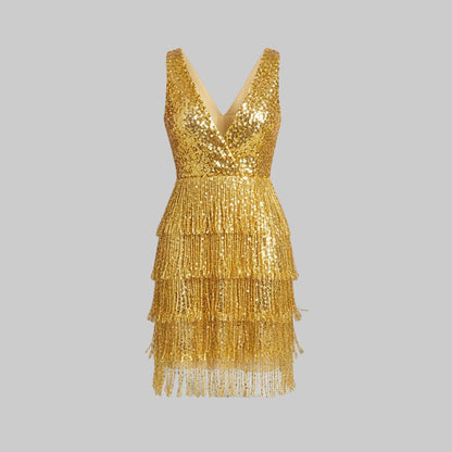 V-Neck Cocktail Dress Sequined Fringe