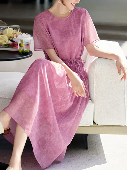 Short-Sleeve Flowy Chiffon Casual Dress