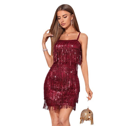 Strappy Sequin Tassel Cocktail Dress